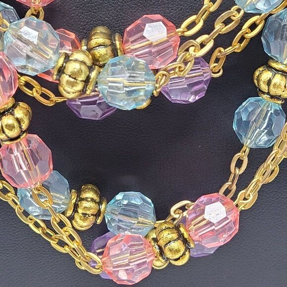 Necklace Opera 28" Gold Tone Chain Pastel Beaded Pink Blue Purple 3pc Set - Picture 4 of 13